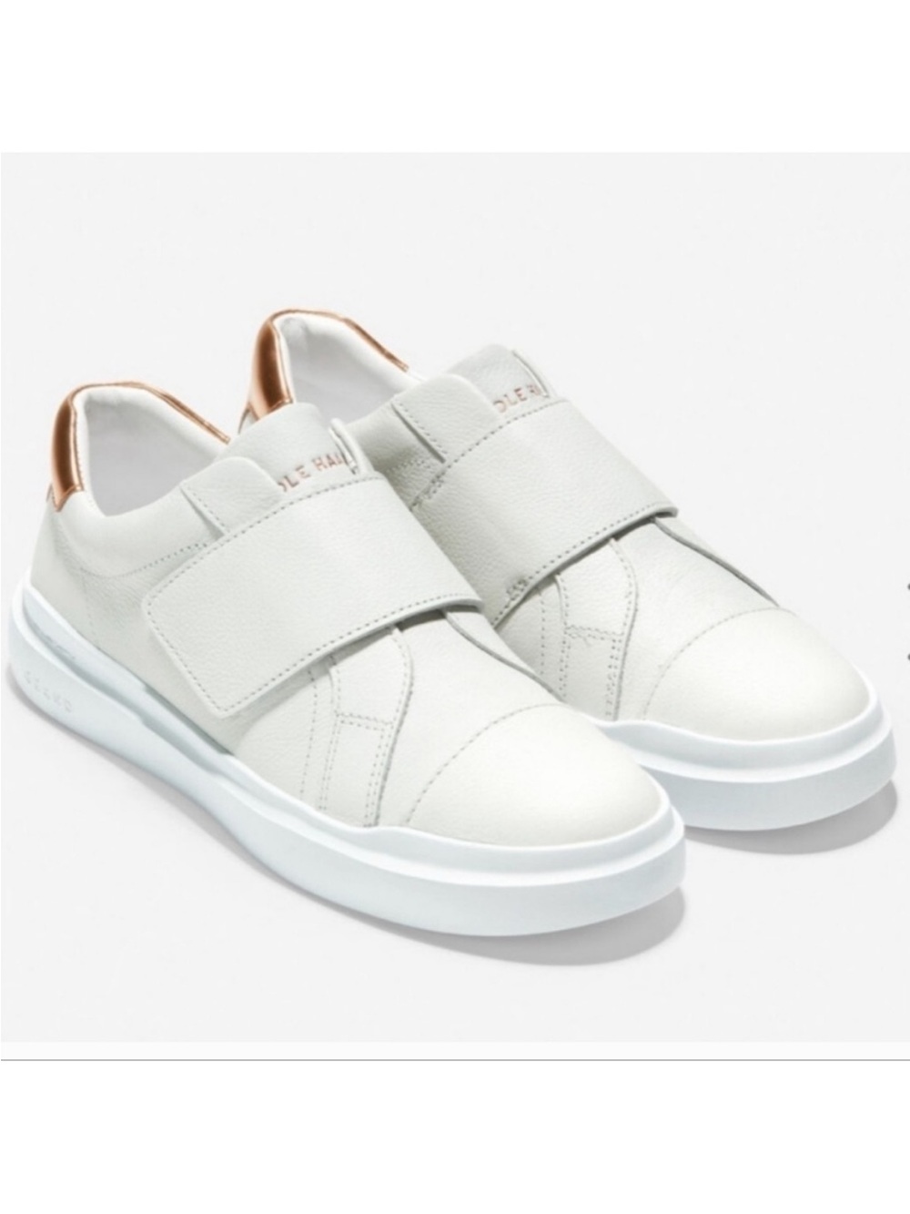 Cole Haan GranWhite Leather Strap Sneakers with Rose Gold Accent